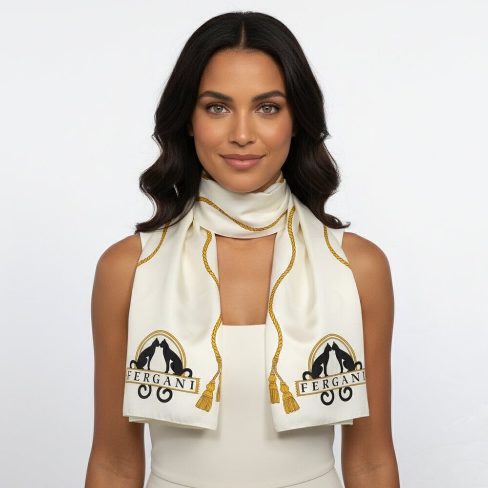 Vintage FERGANI Emanuel Geraldo Long Cat Poly Scarf Cream Black Gold Italy